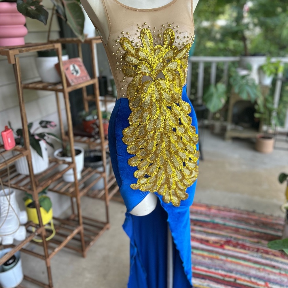 Elegant Blue and Gold Embellished Prom Dress